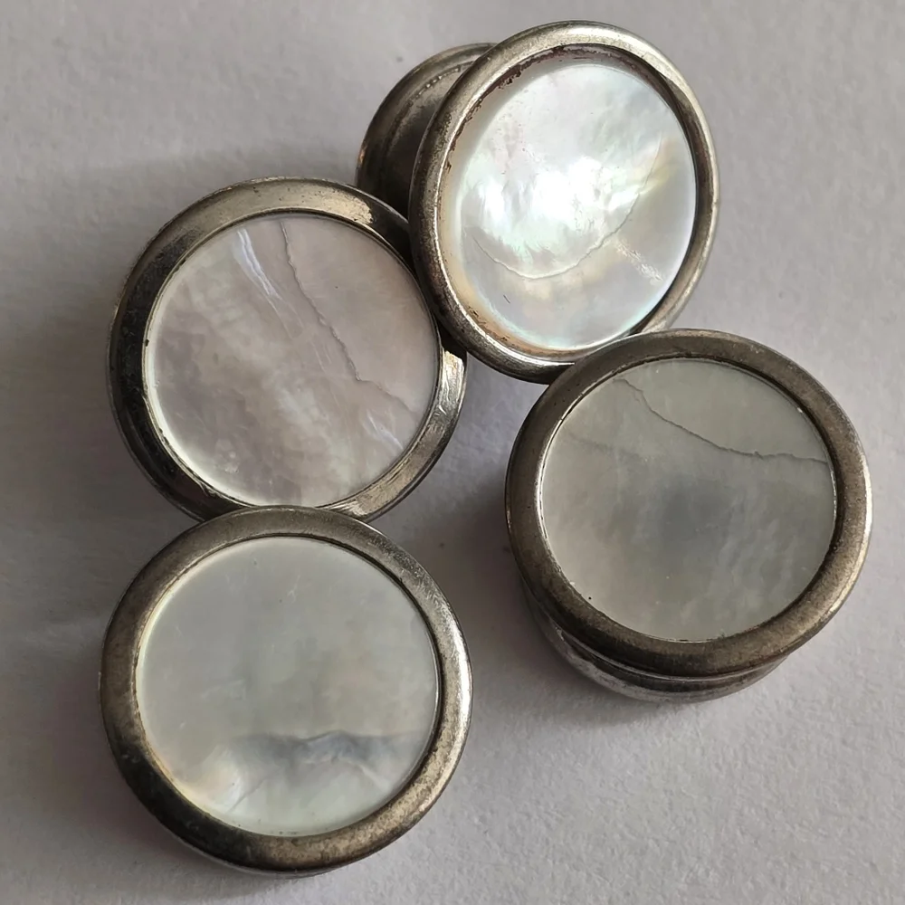 Vintage cuff links silver tone white mother of pearl shell inlay Silver snap